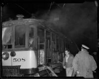 Scorched street car on Third and Bixel, Los Angeles, 1934
