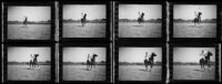 Motion sequence shows Natalie Farlee riding Kido as she strikes a polo ball at Riviera Country Club, Los Angeles, 1937