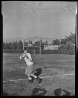 Willard C. Perdue, Duke University football player during practice, Pasadena, 1938