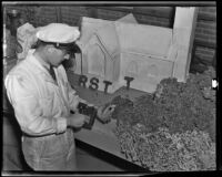 Man decorating float for the Tournament of Roses Parade, Pasadena, 1939