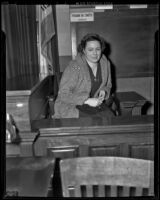 Martie Bowman, competitive aviatrix, sits in a courtroom, 1939