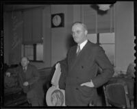 Clarence Barker of Barker Bros. Family Furniture Store, in court for bigamy charges, Los Angeles, 1939