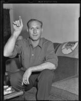 Charley "Red" Ruffing, New York Yankees pitcher, retelling a baseball story, Long Beach, 1939