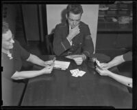 Postal Telegraph messenger, Boyce Herrod, joins a bridge game, Los Angeles, 1938