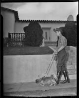 Ted Yant, Western Union messenger, walks the dog, Mrs. Segar, Los Angeles, 1938