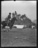 Worth Crouch, stuntman, riding his palomino, Thunder, Los Angeles, 1938
