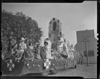 Decorated float carrying members of the Mexican Association of Catholic Youth, Calexico (?), 1939
