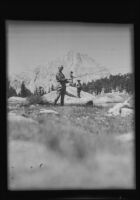Katherine Lillis Van Fleet fishing at Mirror Lake on Cottonwood Creek, Yosemite Valley, 1935