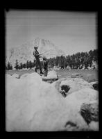 Katherine Lillis Van Fleet fishing at Mirror Lake on Cottonwood Creek, Yosemite Valley, 1935