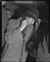 Barbara Hunter, aviatrix, screenwriter, and film editor, leaving the Los Angeles County jail after an attempted suicide, Los Angeles, 1939