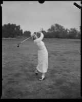 Jane Douglas, golfer, showing her follow through, Los Angeles, 1933