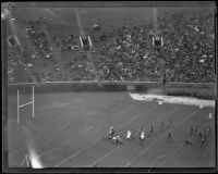 Play occurs near the 10-yard-line during the Rose Bowl game, Pasadena, circa 1934