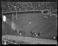 Stanford player is tackled at the Stanford 10-yard-line during the Rose Bowl game, Pasadena, circa 1934
