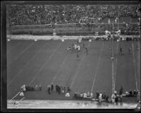 Columbia Lion is downed near the 35-yard-line during the Rose Bowl game against Stanford, Pasadena, circa 1934