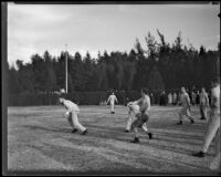 Stanford football team practices before the Rose Bowl, Pasadena, circa 1934