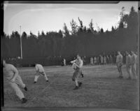 Bobby Grayson passes the football during Stanford's pre-Rose Bowl practice, Pasadena, circa 1934