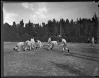 Stanford football teams runs through drills prior to the Rose Bowl game, Pasadena, circa 1934