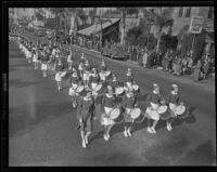 American Legion Girls' Drum and Bugle Corps marches in United Nations parade, Los Angeles, 1943