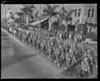 Military personnel march in United Nations parade, Los Angeles, 1943