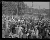 Crowds gather in Lafayette Park after United Nations parade, Los Angeles, 1943