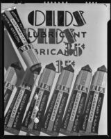 Tubes of Olds brand lubricant for trumpet valves and trombone slides, Los Angeles, 1933-1939