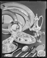 Sterling silver tableware at the Brock & Company jewelry and gift store, Los Angeles, 1928-1938