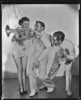 Woman and two musicians, one of whom may be Mike Riley, probably related to The Music Goes 'Round, circa 1934-1936