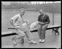 Gene Raymond, actor, sitting on a bench next to a tennis court with a man and two dogs, circa 1933