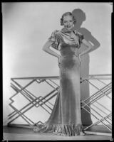 Virginia Pine, actress, modeling a gown, circa 1934-1935