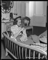 Betty Furness, actress, knitting, circa 1933-1939