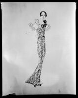 Robert Kalloch design: full-length dress with flower embellishment at the collar, circa 1932-1939