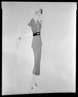 Robert Kalloch design: matching blouse with collar and skirt, with hat and gloves, circa 1932-1939