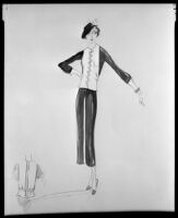 Robert Kalloch design: two-tone matching blouse and skirt with unfinished sketch at bottom left, circa 1932-1939