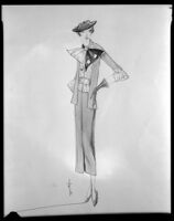 Robert Kalloch design: skirted suit with large bow at the neck, circa 1932-1939