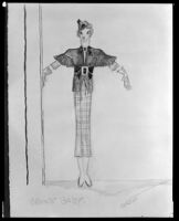 Costume design drawing with signature and caption reading, "brown baby"