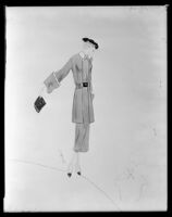 Robert Kalloch design, dress with wide collar and jacket, plus unfinished sketch at bottom right, signed "K," circa 1932-1939