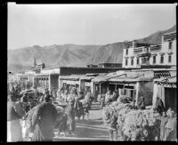 People and animals near buildings with mountains in the background, possibly in Tibet