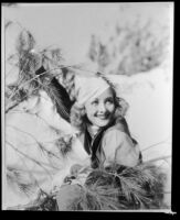 Marian Marsh, actress, holding the branches of a tree, circa 1935-1939