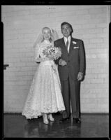 Audrey Totter, actress, with husband Dr. Leo Fred on their wedding day, Village Lutheran Church of Westwood, 1952