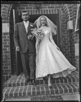 Audrey Totter, actress, with husband Dr. Leo Fred on their wedding day, Village Lutheran Church of Westwood, 1952