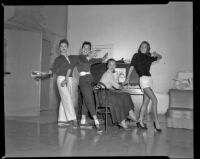Female dancers and a piano player during rehearsals for All Ashore, circa 1953