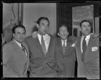 Anthony Quinn and attendees of a party for The Brave Bulls, circa 1950-1951