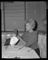 Elizabeth MacRae, actress, with a turkey in a publicity still for Everything’s Ducky, 1961