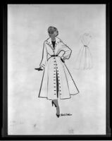 Costume design drawing with signature, 1940s or 1950s