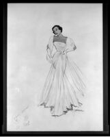 Costume design drawing with signature, 1940s or 1950s