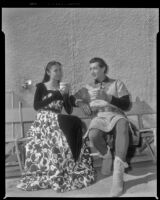 Betta St. John and Rick Jason during filming of The Saracen Blade, 1953
