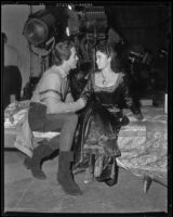 Ricardo Montalban and Betta St. John, actors, on the set of The Saracen Blade, 1953