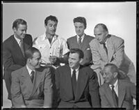 Marshall Thompson, Gilbert Roland, Alf Kjellin, Millard Mitchell, Harry Morgan, John Beal and Jay Adler, cast of My Six Convicts, circa 1952