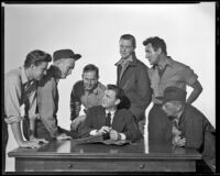 Alf Kjellin, Millard Mitchell, Harry Morgan, John Beal, Marshall Thompson, Gilbert Roland and Jay Adler in a publicity photo for My Six Convicts, circa 1952