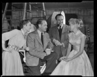 Betty Garrett, director Richard Quine, Janet Leigh and a possible cast or crew member on the set of My Sister Eileen, 1954